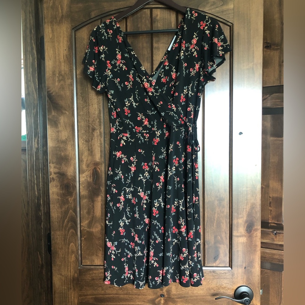 Black and Red Floral Faux wrap dress